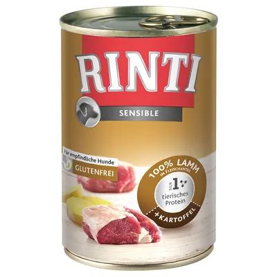 RINTI Sensible -koiranruokapurkki, tekstit: Für empfindliche Hunde, glutenfrei, 100% Lamm im Fleischanteil, nur 1 tierisches Protein, +Kartoffel. Kuvassa lihaa ja perunaa.