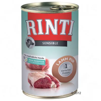 RINTI Sensible Lamm Pur, puszka z widocznym kawałkiem mięsa, tekst: Für empfindliche Hunde, Neue Rezeptur, nur 1 tierisches Protein.