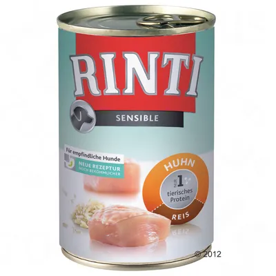 RINTI Sensible, Huhn, Reis. Dla wrażliwych psów. Neue Rezeptur noch bekömmlicher. Nur 1 tierisches Protein.