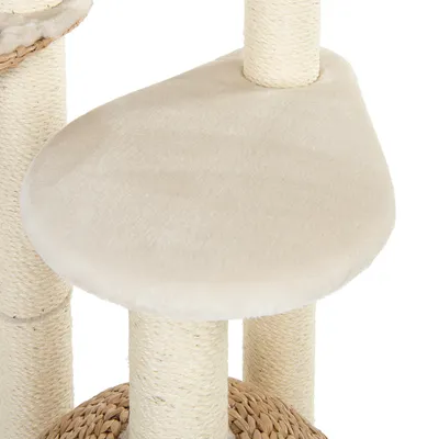 Kratzbaum mit Sisalstämmen und beiger Plattform aus weichem Stoff, geeignet für Katzen zum Klettern und Ruhen.