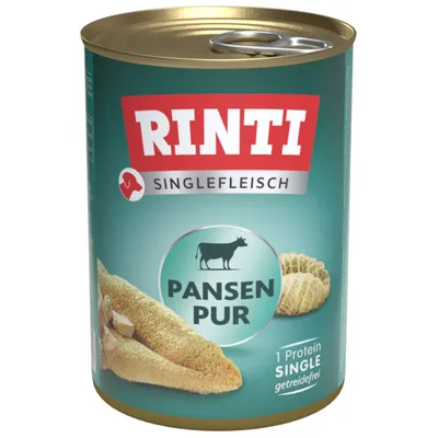 Rinti Singlefleisch Pansen Pur, getreidefrei, 1 Protein. Abbildung von Rinderpansen und Produktname auf der Dose.