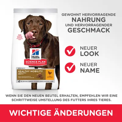 Hill's Science Plan Healthy Mobility Large Adult с курицей. Новый внешний вид, новое название. Важные изменения: рекомендуется постепенный переход на корм.