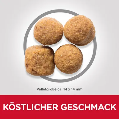 Vier Pellets mit einer Grösse von ca. 14 x 14 mm, Text: Köstlicher Geschmack.
