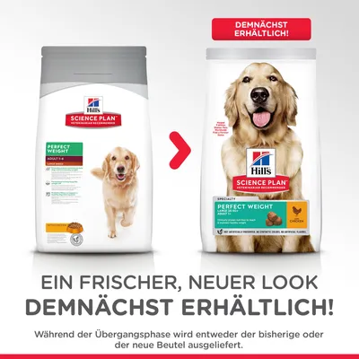 Hill's Science Plan Perfect Weight Adult Large Breed -koiranruoan pakkaus uudistuu. Vasemmalla vanha ja oikealla uusi ulkoasu, molemmissa näkyy kana-ikoni ja tuotetiedot.