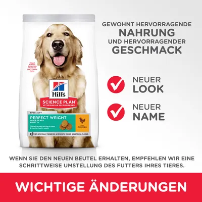 Hill's Science Plan Perfect Weight Large Adult 25kg mit Huhn. Neuer Look, neuer Name. Schrittweise Umstellung des Futters empfohlen. Wichtige Änderungen hervorgehoben.