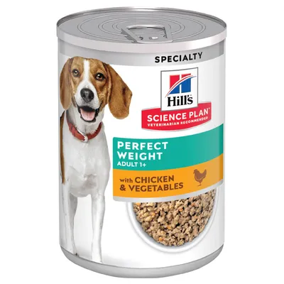Boîte Hill's Science Plan Perfect Weight Adult 1+ with Chicken & Vegetables, image de croquettes et d'un chien, mention Specialty sur l'emballage.
