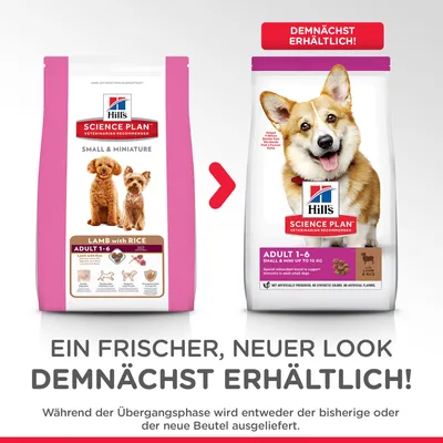 Hill's Science Plan Adult 1–6 Small & Mini -koiranruoan pakkausuudistus, vanha ja uusi pussi vierekkäin. Teksti saksaksi: Ein frischer, neuer Look. Demnächst erhältlich!