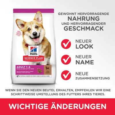 Hill's Science Plan Adult 1-6 Small & Mini tot 10 kg Lam & Rijst. Nieuwe look, nieuwe naam, nieuwe samenstelling. Belangrijke wijzigingen. Tekst deels in het Duits.