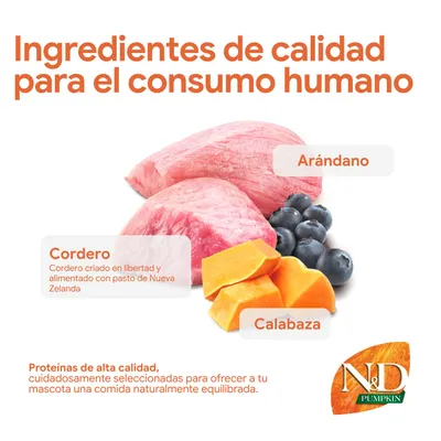 Ingredientes: carne de cordero de Nueva Zelanda, arándanos y calabaza. Proteínas de alta calidad, cuidadosamente seleccionadas para una comida naturalmente equilibrada. Marca: N&D Pumpkin.