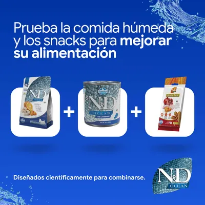 N&D Ocean pienso, comida húmeda y Dental Treats. Desarrollado científicamente para combinar. Logo de Farmina N&D Ocean visible. N&D Ocean pienso, comida húmeda y Dental Treats. Desarrollado científicamente para combinar. Logo de Farmina N&D Ocean visible.