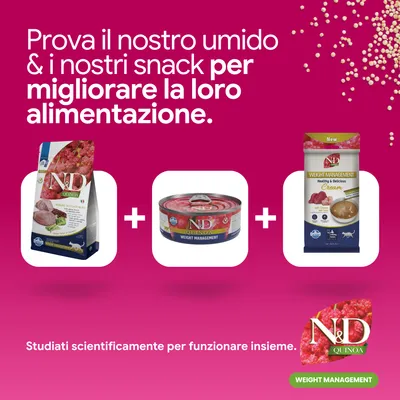N&D Quinoa Weight Management crocchette, alimento umido e snack. Sviluppato per migliorare la nutrizione. Testato scientificamente per un effetto combinato. N&D Quinoa Weight Management crocchette, alimento umido e snack. Sviluppato per migliorare la nutrizione. Testato scientificamente per un effetto combinato.