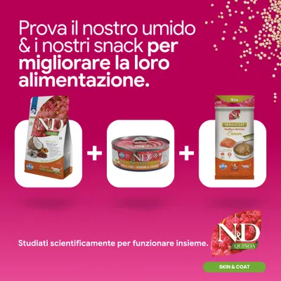 N&D Quinoa skin & coat crocchette, alimento umido e snack. Sviluppato scientificamente per un'alimentazione ottimale.