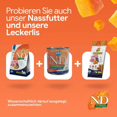 Probieren Sie auch unser Nassfutter und unsere Leckerlis. Wissenschaftlich darauf ausgelegt, zusammenzuwirken. N&D Pumpkin Trockenfutter, Nassfutter und Dental Treat abgebildet. Probieren Sie auch unser Nassfutter und unsere Leckerlis. Wissenschaftlich darauf ausgelegt, zusammenzuwirken. N&D Pumpkin Trockenfutter, Nassfutter und Dental Treat abgebildet.