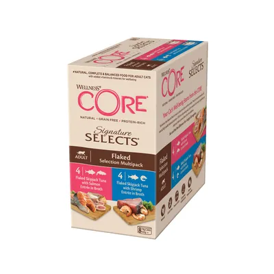 Wellness CORE Signature Selects Flaked Selection Multipack, 8 cans: 4 flaked skipjack tuna with salmon in broth, 4 flaked skipjack tuna with shrimp in broth. For adult use.