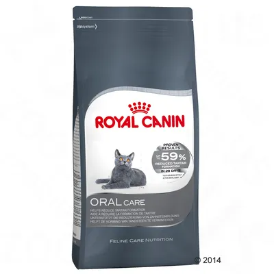 Royal Canin Oral Care Katzenfutter, reduziert Zahnsteinbildung um bis zu 59% in 28 Tagen. Feline Care Nutrition, Verpackung mit grauer Katze und Produktinformationen.