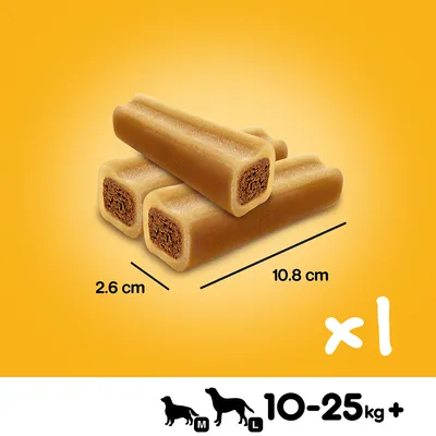 Friandise pour chien, dimensions 10,8 cm x 2,6 cm, adaptée aux chiens de taille moyenne à grande (10–25 kg et plus), quantité 1 pièce visible sur fond jaune.
