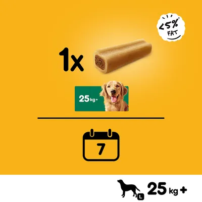 Friandise pour chien, 1 pièce par jour, moins de 5 % de matières grasses, recommandé pour chiens de 25 kg et plus, indication d’une période de 7 jours.
