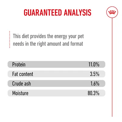 Guaranteed Analysis: Protein 11.0%, fat content 3.5%, crude ash 1.6%, moisture 80.3%. This diet provides energy in the appropriate amount and form. Guaranteed Analysis: Protein 11.0%, fat content 3.5%, crude ash 1.6%, moisture 80.3%. This diet provides energy in the appropriate amount and form.
