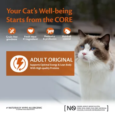 Adult Original cat food with grain-free, fresh meat as main ingredient, prebiotics, probiotics, hairball control, hypo-allergenic, no grains, wheat, gluten, soya, dairy, eggs, beef or additives.