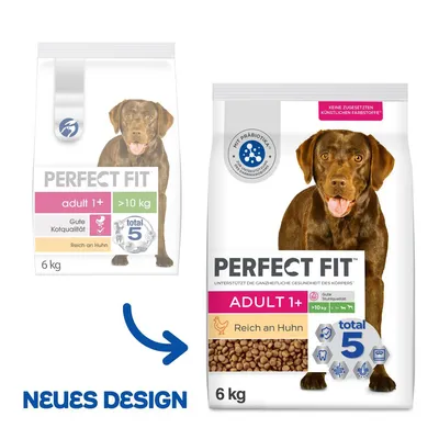 Perfect Fit Adult 1+ dog food, rich in chicken, 6 kg. Supports overall body health. New design with Total 5 and good stool quality.