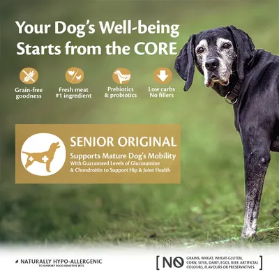 Senior Original supports mature dog mobility with glucosamine and chondroitin. Grain-free, fresh meat first, prebiotics, low carbs, hypo-allergenic, no grains or artificial additives.