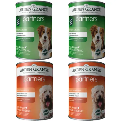 Four cans of Arden Grange Partners wet food, two with fresh lamb and rice, two with fresh chicken and rice. Labels state naturally hypoallergenic and guarantee 93% meat content.