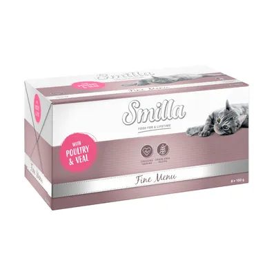 Smilla Fine Menu корм для кошек, с птицей и телятиной, содержит таурин, беззерновой рецепт, упаковка 8 x 100 г.