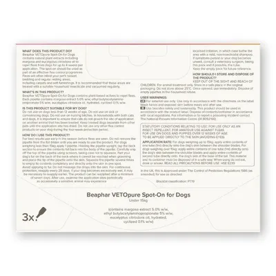 Instructions and ingredients for Beaphar VETOpure Spot-On for Dogs under 15kg, including usage directions, precautions, application rate, storage advice, and active plant-based components.