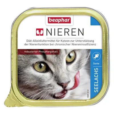 beaphar NIEREN диетична храна за котки, намалено съдържание на фосфор, вкус Seelachs. Текстът е на немски език.