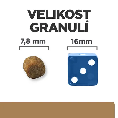 Velikost granulí: granule 7,8 mm vedle modré kostky 16 mm pro porovnání velikosti.