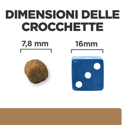 Dimensioni delle crocchette: confronto tra una crocchetta da 7,8 mm e un dado blu da 16 mm. Testo visibile: 'DIMENSIONI DELLE CROCCHETTE', '7,8 mm', '16 mm'.