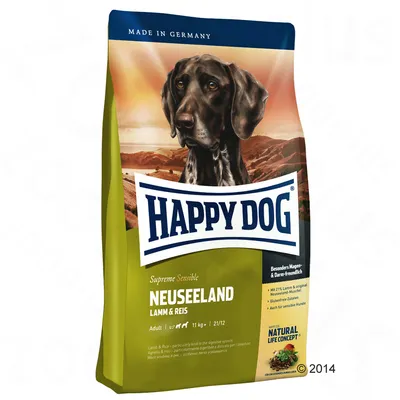 Happy Dog Supreme Sensible Neuseeland Lamm & Reis, 11 kg. Text: Made in Germany, Adult, särskilt mage- & tarmvänlig, glutenfri, även för känsliga hundar, Natural Life Concept.