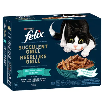 Purina Felix Succulent Grill. Výběr ryb: losos, treska, platýs. Jemně krájené v omáčce. Bez umělých barviv a konzervantů.
