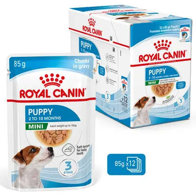 Royal Canin Puppy Mini 2–10 Months, 85g pouch, pack of 12, chunks in gravy, for a weight up to 10kg, soft texture for milk teeth, stage 3.