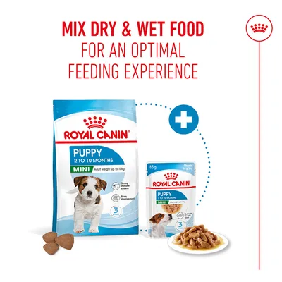 Royal Canin Puppy Mini 2 to 10 Months Dry and Wet Food. Note: Mix dry and wet food for an optimal feeding experience.