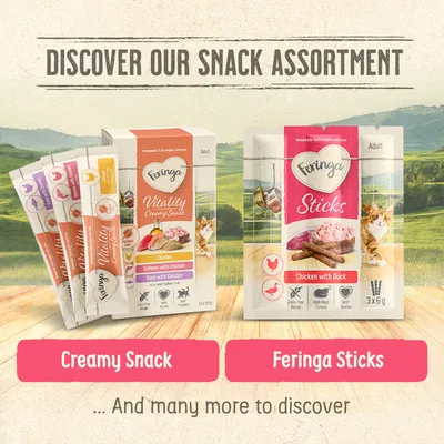 Feringa Vitality krémes snack csirkével, lazac csirkével, tonhal csirkével és Feringa rudak csirkével és kacsával. Snack válogatás felnőtt macskáknak. Feringa Vitality krémes snack csirkével, lazac csirkével, tonhal csirkével és Feringa rudak csirkével és kacsával. Snack válogatás felnőtt macskáknak.