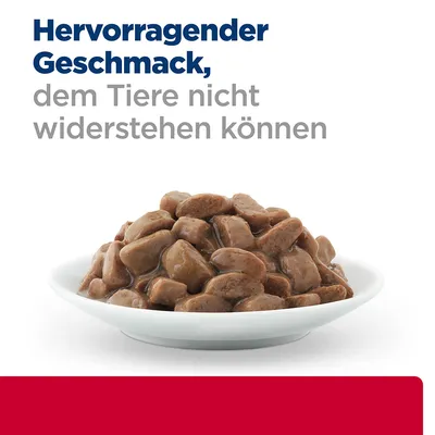 Hervorragender Geschmack, dem Tiere nicht widerstehen können (texte en allemand) au-dessus d'une assiette de bouchées en sauce pour animaux.