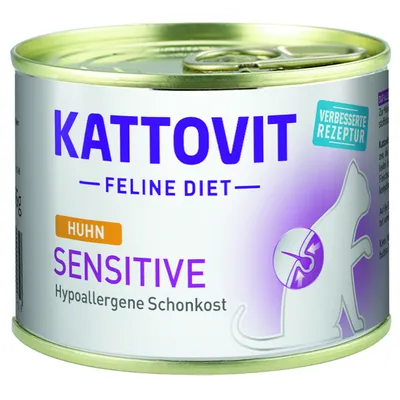 KATTOVIT FELINE DIET Huhn Sensitive Hypoallergene Schonkost, forbedret opskrift. Dåse med kattegrafik og synlig tekst på tysk.