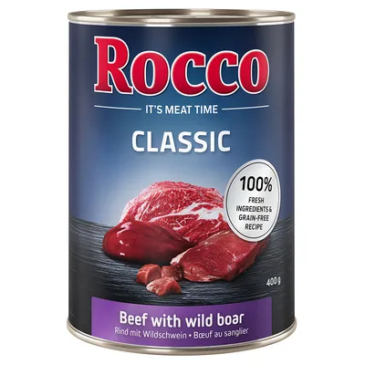Rocco Classic burk, nötkött med vildsvin, 100 % färska ingredienser, spannmålsfritt recept, 400 g.