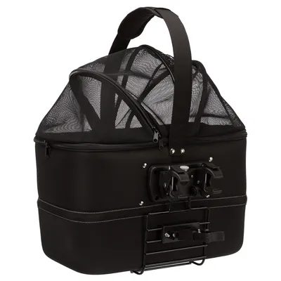 Panier de transport noir pour animaux, structure rigide avec dessus en maille zippée, poignée de transport et système de fixation visible à l’avant.