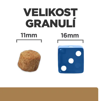 Velikost granulí: granule 11 mm vedle modré kostky 16 mm pro porovnání velikosti.