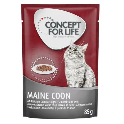 Concept for Life Maine Coon -kissanruoka, aikuisille Maine Coon -kissoille 15 kk alkaen, 85 g annospussi. Pakkauksessa kuva kissasta ja annoksesta ruokaa.