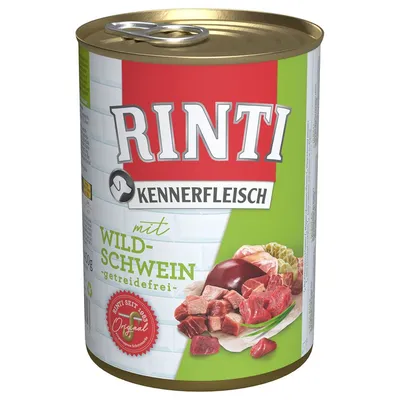Rinti Kennerfleisch mit Wildschwein getreidefrei, lattina con carne e verdure visibili sull'etichetta. Testo in tedesco: Rinti seit 1983 Original.