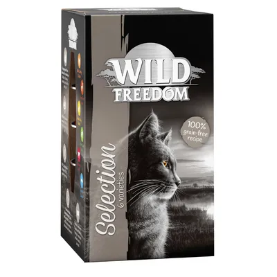 Wild Freedom Selection, 6 Sorten, 100% getreidefreie Rezeptur. Verpackung zeigt eine Katze vor einer Landschaft.