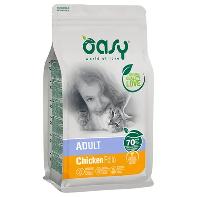 Oasy Adult Chicken Pollo, 70% ingredienti animali, confezione richiudibile, sigillo Natural Quality Love.