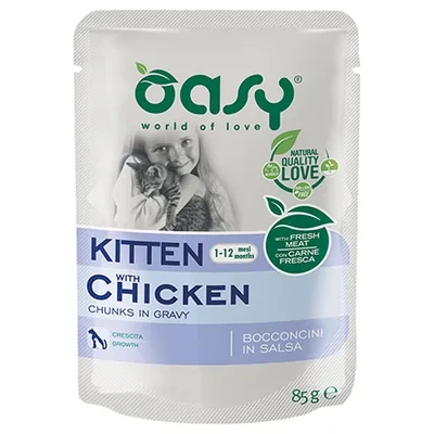 Oasy Kitten con pollo, bocconcini in salsa, per gattini da 1 a 12 mesi. Con carne fresca, 85g. Certificato Natural Quality Love.