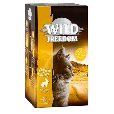 Wild Freedom Golden Valley, 100% getreidefreie Rezeptur, Kaninchen & Huhn, 6x85g. Verpackung mit Landschaft und Katze abgebildet.