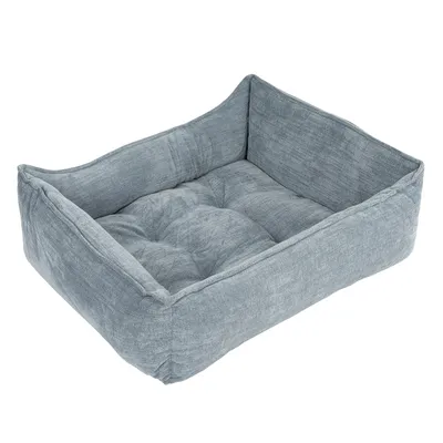 Cuscino rettangolare per pet in tessuto grigio, con bordi alti imbottiti e superficie interna trapuntata visibile.