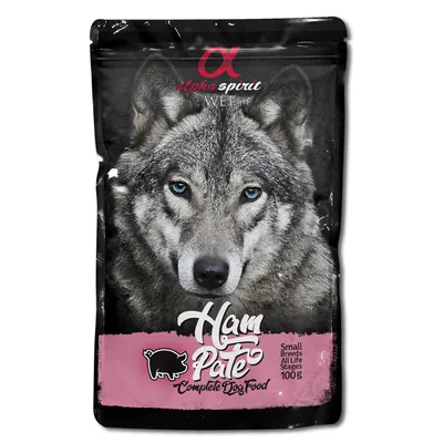 Alpha Spirit Wet Ham Pate, Hundefutter für kleine Rassen, alle Lebensphasen, 100g. Verpackung mit Wolfsmotiv und rosa Akzent.