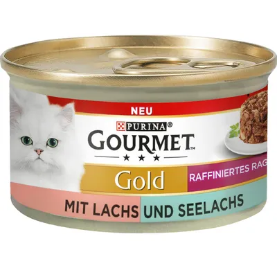 Консерва Purina Gourmet Gold для кошек, надписи: NEU, RAFFINIERTES RAGOUT, MIT LACHS UND SEELACHS. Изображение белой кошки и корма на тарелке.